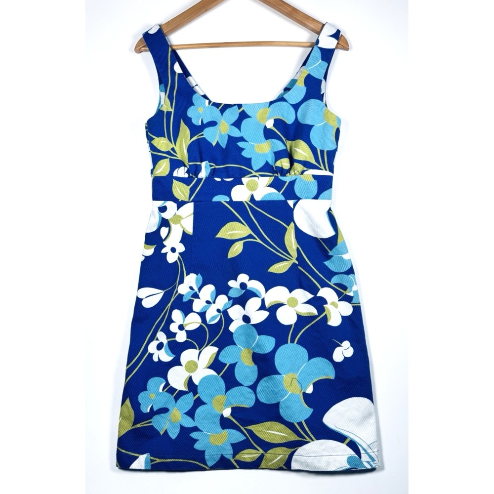 Tori Richard Honolulu Dress 10 Blue Floral Cotton Pique Made in Hawaii